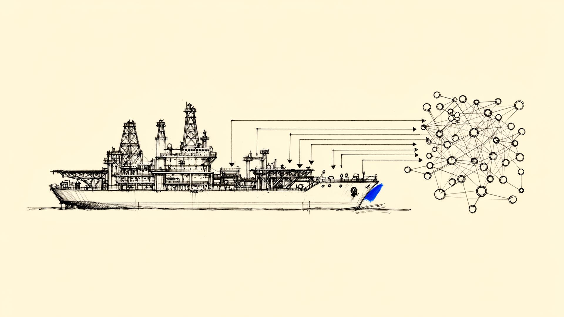 Diagrama desenhado a mão de um FPSO conectado por setas a uma rede neural
